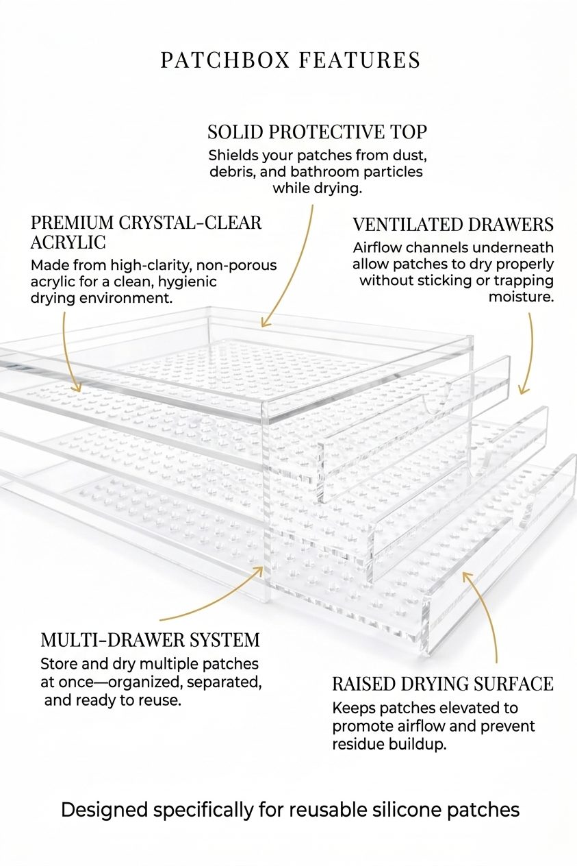 PatchBox features: solid protective top, ventilated drawers, raised drying surface, multi-drawer system, crystal-clear acrylic