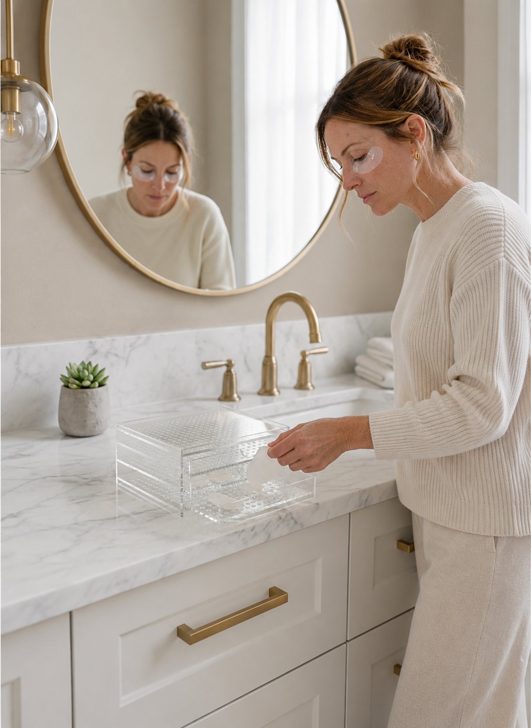 Woman applying under-eye patches next to the PatchBox on her bathroom counter