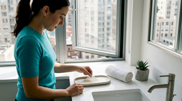 Woman drying silicone patch near bathroom window