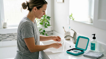 Woman washing beauty patch at bathroom sink