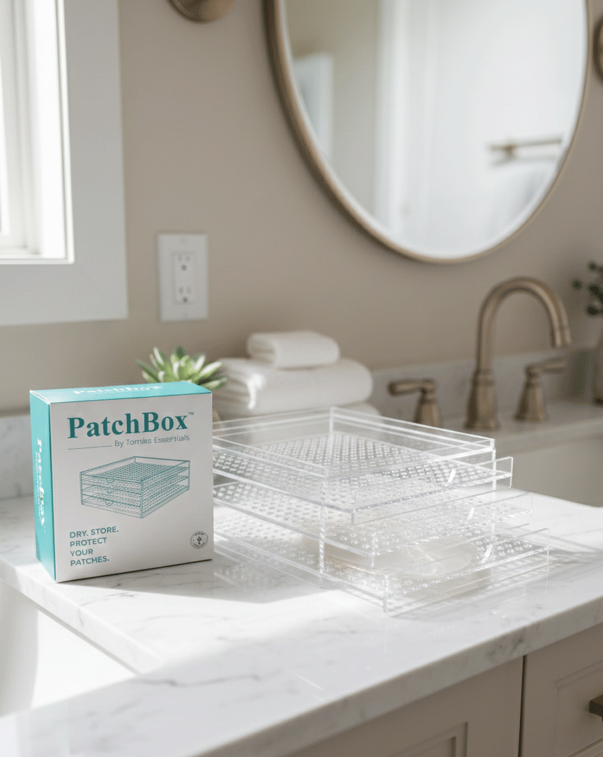 The PatchBox™ System for Drying & Storing your reusable silicone Wrinkle & Scar Patches.